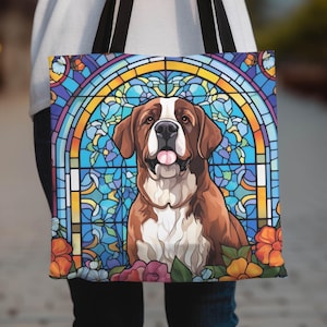 Saint Bernard Dog Tote Bag - Stained Glass Dog Art, Dog Owner Gift, Dog Lover Gifts, Dog Mom Gift, St Bernard Gift for Her, Mothers Day