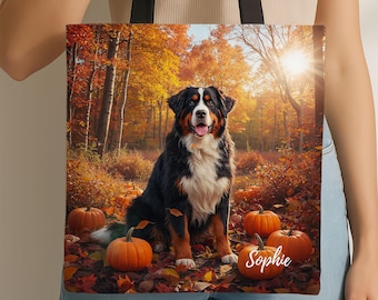 Bolso personalizado con diseño de perro de montaña bernés, regalo artístico personalizado de bernés, bolso de mano para mascotas de otoño.