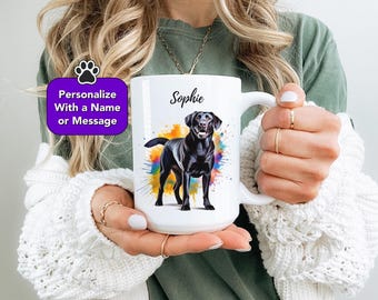 Personalized Black Lab Mug: Watercolor Dog Mom Gift, Custom Pet Name Coffee Cup