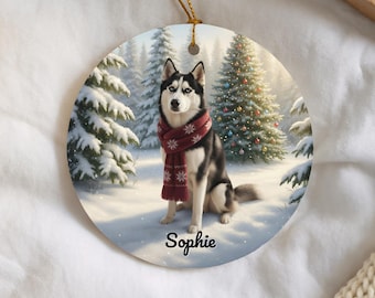 Weihnachtsschmuck mit sibirischem Husky, personalisiertes Geschenk für Hundeliebhaber, Erinnerungsstück für Haustiere mit individuellem Namen
