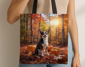 Tri color Chihuahua Personalized Tote, Custom Dog Mom Gift, Fall Pet Purse Handbag