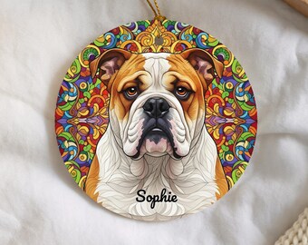 Ornamento a forma di bulldog inglese, arte in vetro colorato, regalo personalizzato per gli amanti dei cani, ricordo natalizio per animali domestici