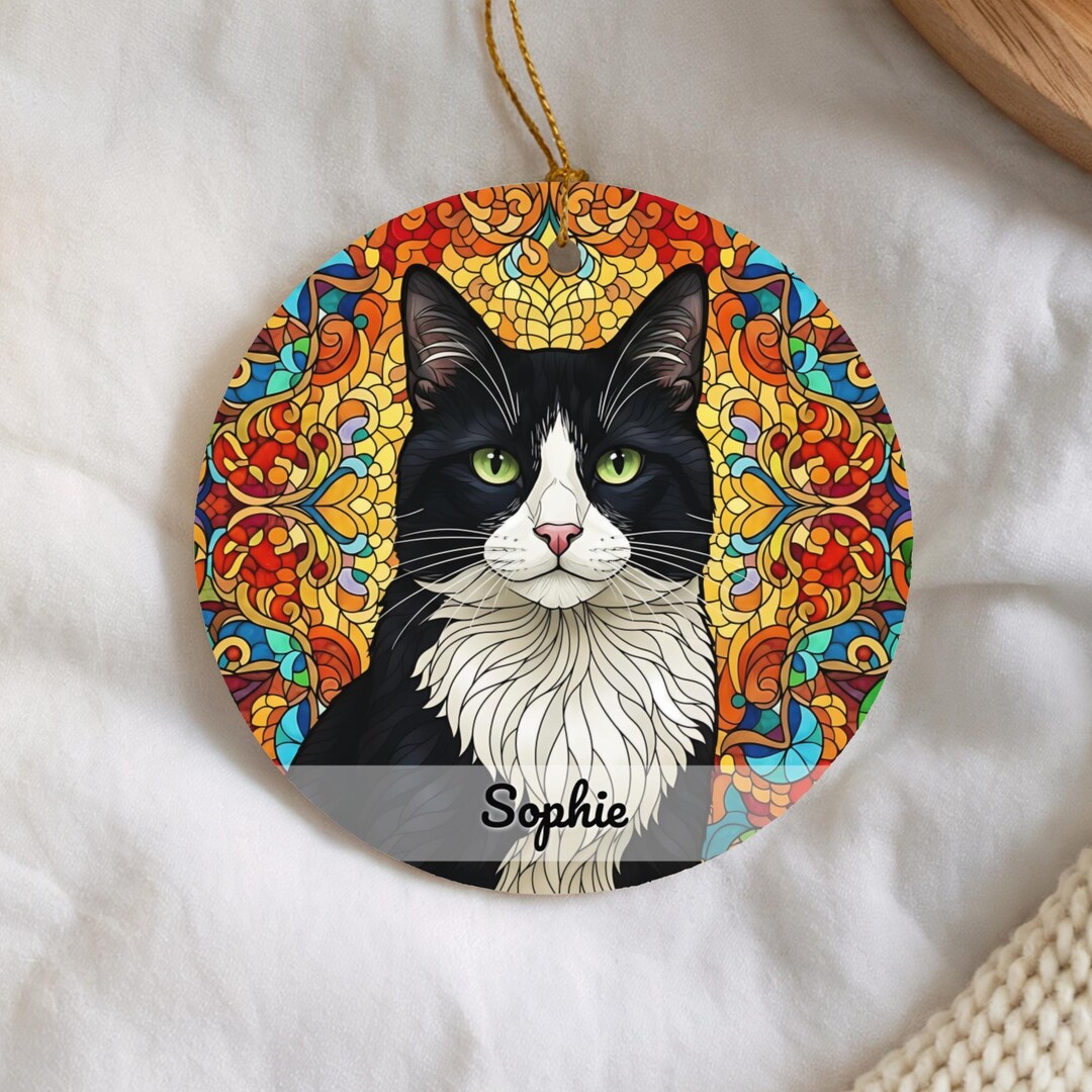 Black and White Tuxedo Cat Ornament, Stained Glass Art, Personalized ...