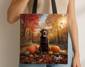 Personalized Chocolate Lab Retreiver Fall Tote Bag, Custom Labrador Dog Mom Gift