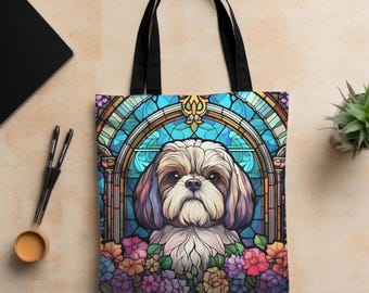 Shih Tzu Dog Tote Bag, Stained Glass Art, Dog Mom Gift