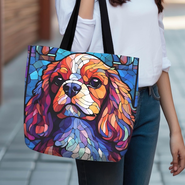 Bolso de mano con diseño de perro Cavalier King Charles Spaniel, arte en vidrieras, regalo para amantes de los perros.