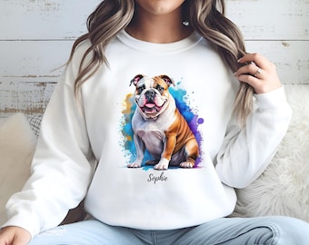Englische Bulldogge Sweatshirt, personalisierte Hund Mama Geschenk, Aquarell Kunst Haustier Shirt