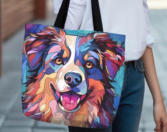 Australian Shepherd Dog Tote Bag, Stained Glass Art, Dog Mom Gift