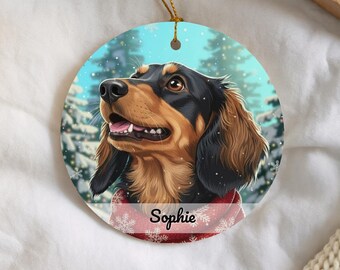 Long Haired Dachshund Ornament, Personalized Dog Christmas Gift, Festive Pet Holiday Keepsake