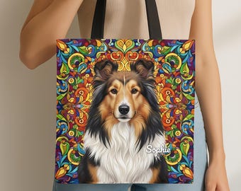 Bolsa de tecido Sheltie, presente personalizado para mãe de Shetland Sheepdog, arte em vitral.