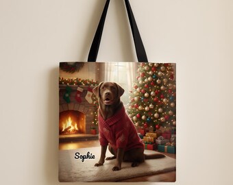 Chocolate Lab Tote Bag, Personalized Labrador Dog Mom Christmas Gift, Custom Holiday Pet Art