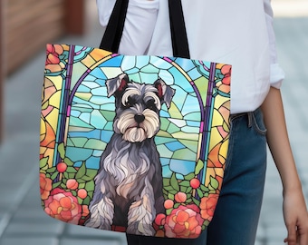 Miniature Schnauzer Dog Tote Bag, Stained Glass Art, Dog Mom Gift