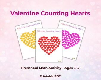 Hoja de trabajo imprimible para contar corazones de San Valentín / Actividad de matemáticas para preescolar / Hoja de trabajo para contar corazones en PDF
