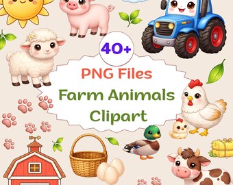 Paquete de imágenes prediseñadas de animales de granja kawaii, más de 40 archivos PNG, ilustración infantil (descarga digital)