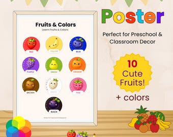 Póster educativo de frutas y colores, arte mural kawaii para preescolares (descarga digital)
