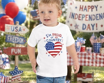 Patriotic Toddler Tee I'm Proud of My Country Kids T-Shirt, American Flag Heart Colored Pencil Design