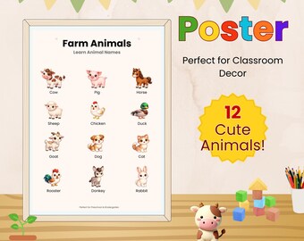 Póster de animales de granja, lámina educativa para niños, decoración para el aula, arte para la pared de la habitación infantil (descarga digital)