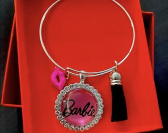 Stylish Barbie Bangle Bracelet - Pink and Black with Trendy Tassel