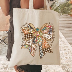 Christian Tote Bag With Psalm 46:5, Floral Patchwork Bow Design, Faith-Based Gift For Women, Religious Bible Verse Bag, Church Tote