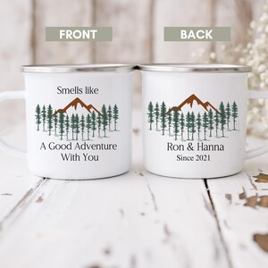 Personalized Mountain Camping Couple Adventure Coffee Cup, Anniversary Gift, Rustic Adventure Cup, Gift for Nature Lovers, Custom Couple mug