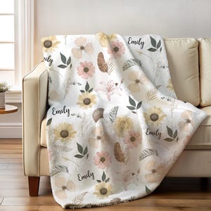 Personalized Wildflower Baby Blanket, Custom Name Minky Or Fleece Throw, Boho Nursery Decor, Baby Shower Gift, Cozy Blanket For Girls