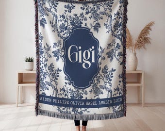 Personalized Grandma Blanket, Custom Woven Throw With Grandkids' Names, Blue Toile Floral Gift For Nana, Mimi, Gigi, Mother's Birthday