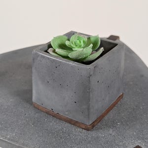 May include: A small, square, grey concrete planter with a faux green succulent. The planter sits on a wooden base and is placed on a grey, textured surface. The succulent has multiple green leaves.