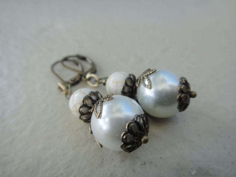 White Earrings Bronze Earrings White Pearl and White - Etsy