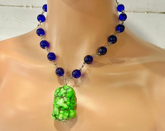 Large Green Turquoise Howlite Pendant Choker Necklace- blue glass, green turquoise, wire wrap, titanium silver wire (n90)