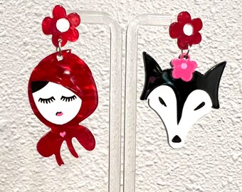 Red Riding Hood and Wolf earrings (e266)