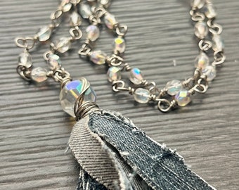 Upcycle Denim Blue Jean Tassel Necklace- titanium wire, wire wrap, large and small glass, wire wrap, stainless steel lobster clasp (n92)