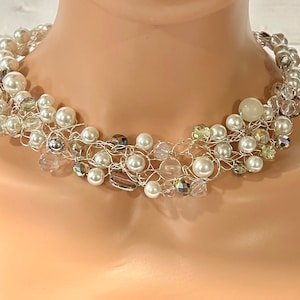 Wire Crochet Necklace-Sterling Silver Plate wire crochet, Bib necklace, white glass beads, crystals, bridal, bride necklace (n51)