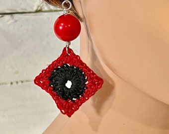 Red and Black Crochet Earrings- red black cotton thread, square, circle, geometric, red ball (e248)