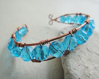 Turquoise Cuff - Adjustable cuff, aqua turquoise, copper wire, wire wrap jewelry, cuff bracelet (B15)