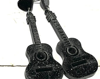 Black Guitar- music, musician, glitter, sparkly, long, dangle, heart, post earrings (e268)