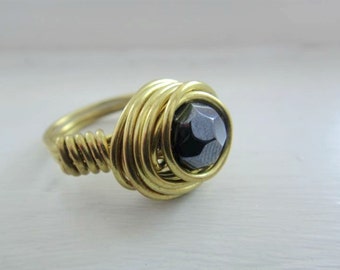 Ring Size 7, Metallic Blue bead, Gold Wire Wrapped Ring (R29)