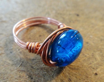 Ring size 6, Blue Glass Copper Ring (R30)