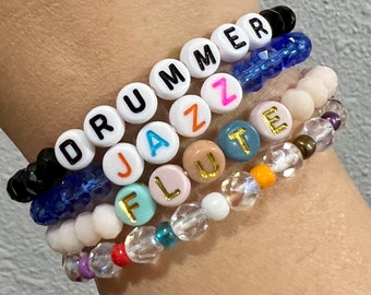Custom Name Bracelet/Personalized Gift/Beaded Bracelet/Crystal Glass beads/Alphabet Letters/Musician/Band/Music Enthusiast/Instruments (PB3)