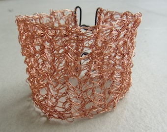 Crochet cuff - Copper wire, lace crocheted wide cuff bracelet, crochet jewelry, oxidized copper hand forged clasp (B19)