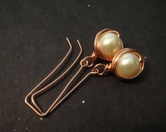 Ivory Pearls Earrings wrapped in copper - Great For Weddings-Elegant and Pretty E-30