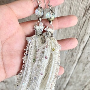 White Fabric Tassel Earrings - white fabric, upcycle, fire polished bead, stainless steel wire hook (e1)