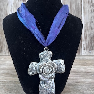 Large Christian Cross Necklace - Fabric Necklace, Large Flower Cross, Rhinestone, Religious, Stainless Steel, Women’s Jewelry Gift (n104)