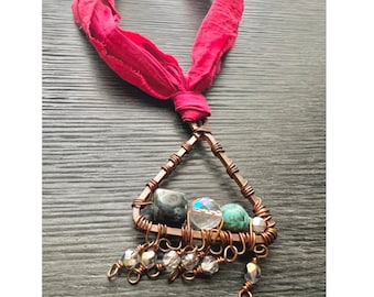 Triangle Pendant Necklace- upcycle sari silk, fabric, bronze, copper wire, hand formed, wire wrap, beaded, choker, turquoise, crystal (n89)