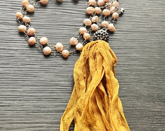 Fresh Water Pearl Tassel Necklace- ivory cream, peach pearls, yellow gold tassel, upcycle sari silk (n87)