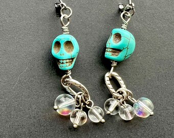 Skull Earrings- turquoise howlite, stainless steel lever back, iridescent glass, dangle (e246)