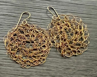 Crochet Wire Bronze Earrings- crochet disk, round, mesh crochet, lace crochet (e250)