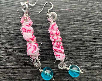 Fabric Earrings- pink and white, extra long, dangle, blue glass, stainless steel hook ear wire (e247)