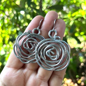 Wire Wrapped Silver Earrings- wire coils, swirl,  circle, flower, aluminum wire, light weight metal, Sterling Silver ear wire option (e401)