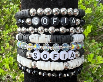 Custom Name Bracelet/Personalized Gift/Beaded/Crystal Glass beads/Alphabet Letters/Stretch/Stacking Bracelet/Silver (PB8)