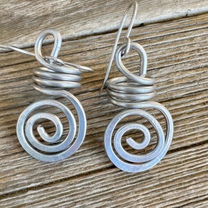 Wire Wrap Silver Earrings-  swirls, coils, bright aluminum wire, light weight metal, Stainless steel Sterling Silver (e115)